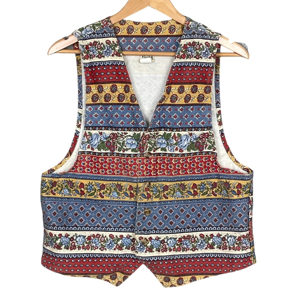 Vintage 90s Womens Boho Folk Floral Patchwork Vest Womens L Festival Cottagecore